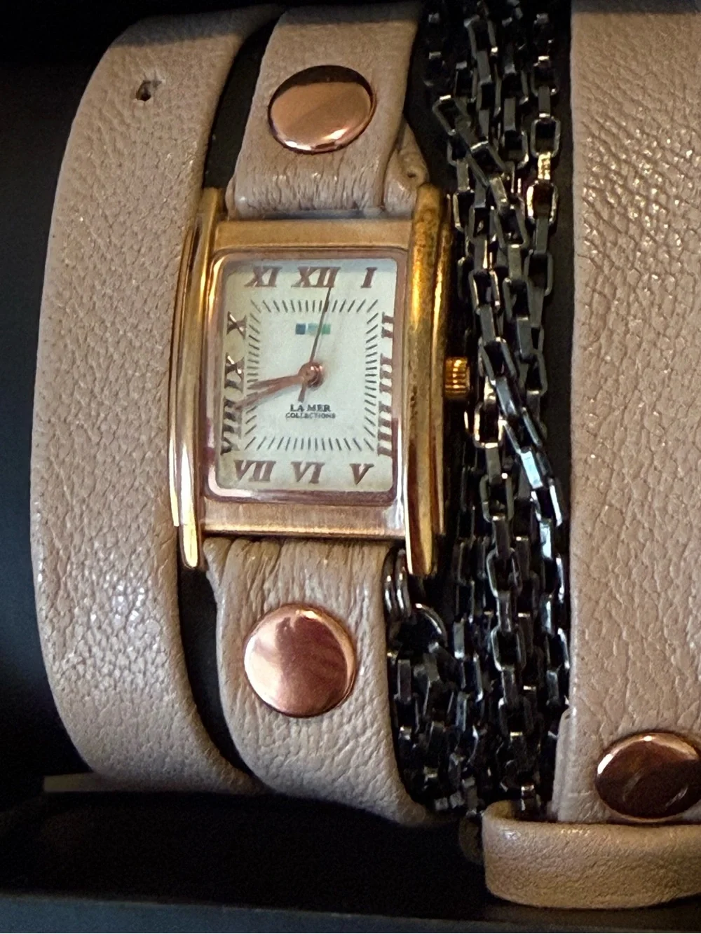 La Mer Beige Leather Wrap Bracelet Watch with Rose Gold Accents and Black Chain